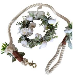 Dog or Cat Wedding Floral Collar & Rope Leash Set White Flowers Greenery Gold
